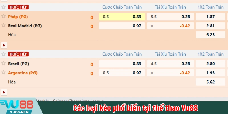 Các loại kèo phổ biến tại thể thao Vu88