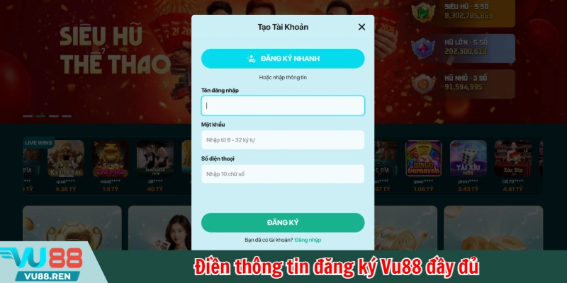 Điền thông tin đăng ký Vu88 đầy đủ